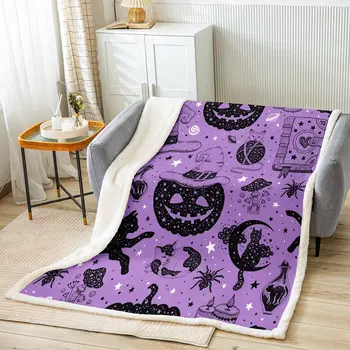 Фланелевое одеяло Happy Halloween, готическая тыква, кошка, гриб, космическое пушистое одеяло в подарок для детей, фиолетовый