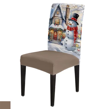 Рождественская снежная сцена, Комплект чехлов для стула со Снеговиком, Чехол для сиденья из эластичного спандекса для кухни, Рождественский декор, Чехол для сиденья в столовой