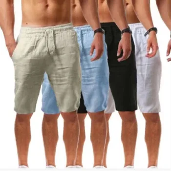 2022 Новые пляжные мужские хлопчатобумажные льняные шорты, брюки, мужские летние дышащие однотонные льняные брюки, уличная одежда для фитнеса, S-3xl