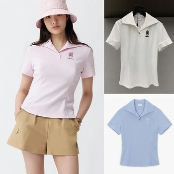 23 Оригинальных Корейских женских костюма для гольфа, топ с вырезом Поло, Летние повседневные шорты для гольфа с многоцветным эластичным поясом.