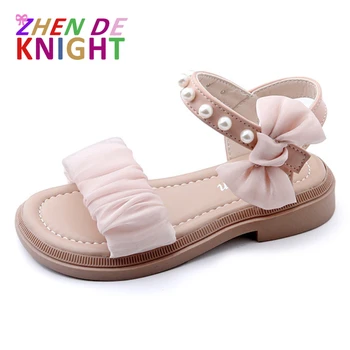 Детские сандалии 2023 Летняя мода Жемчуг Сетка Бант Обувь принцессы для девочек Студенческая пляжная обувь на мягкой подошве