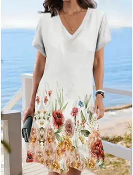 Женское платье-футболка, повседневная юбка, летняя цветочная градиентная 3D печать, V-образный вырез, модная повседневная обувь с короткими рукавами в обычном стиле