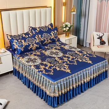 Набор из 3 предметов, современное покрывало королевского синего цвета, классная юбка для кровати, простыни, которые можно стирать в машине, Кровать с резинкой для королевы Королевского размера