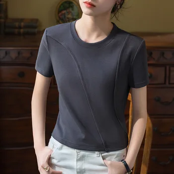Лето 2023, новая женская однотонная хлопковая футболка с круглым вырезом, короткая куртка с отстрочкой design sense, черная