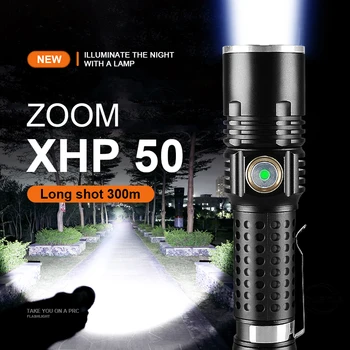 Супер яркий фонарик XHP 50 высокой мощности, портативный вращающийся, масштабируемый водонепроницаемый фонарик с USB-зарядкой, прожектор для поиска