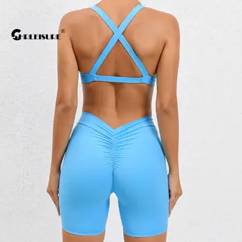 CHRLEISURE Бесшовный костюм для йоги, комплект из 2 предметов для фитнеса, велосипедные шорты с V-образным вырезом на спине, эластичный бюстгальтер для бега, женская тонкая спортивная одежда