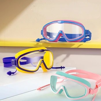 Детские плавательные очки Водонепроницаемые Противотуманные плавательные очки с затычкой для ушей Регулируемой длины в мягкой силиконовой оправе для бассейна