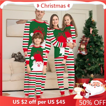 2024 Рождественские семейные пижамы в полоску, Рождественский наряд, Комплект одежды для мужчин, женщин, пар, пижамы для детей, Мультфильм с длинными рукавами