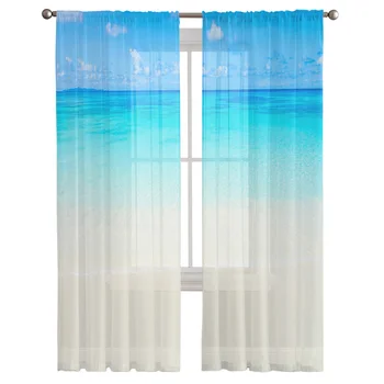 Прозрачные оконные панели с принтом в виде пейзажа Голубого океана, занавески для гостиной, спальни, кухни, Шифоновые тюлевые занавески
