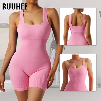RUUHEE, Бесшовное женское боди с подкладкой, Цельный комплект для йоги в рубчик, Комбинезон без рукавов, Боди для контроля живота, Спортивный костюм