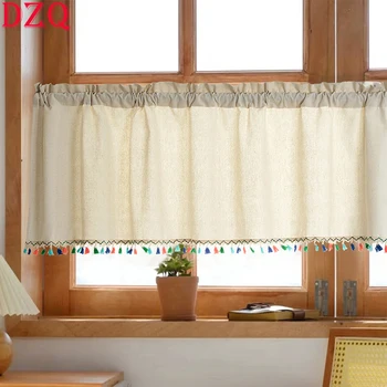 Корейские бежевые Льняные Короткие шторы для гостиной, Японские Сельские Красочные кисточки, Полупрозрачная ткань для кухни # A421