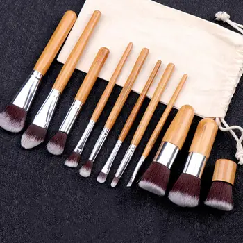 набор кистей для макияжа с ручками из натурального бамбука 11 шт., набор инструментов для нанесения основы, набор инструментов для макияжа с хлопковой сумкой