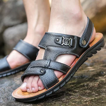 2023 Новые мужские сандалии, летние водонепроницаемые нескользящие тапочки на мягкой подошве из натуральной кожи, Дышащие повседневные лоферы Zapatos Hombre