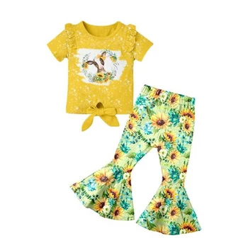 Бутик летней одежды для девочек, желтый костюм с принтом головы быка, расклешенные брюки с коротким рукавом, комплект из 2 предметов