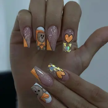 Накладные ногти Orange Bear, Новые французские длинные накладные ногти Ballerina, полное покрытие Purple Haze Press on Nails DIY