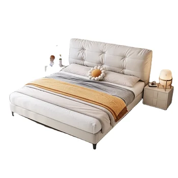 Мебель для спальни Из новой ткани Роскошного дизайна Современная двуспальная кровать из массива дерева с каркасом из деревянных планок