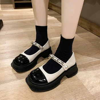 2023 Винтажные женские туфли на высоком каблуке, женские туфли-лодочки из натуральной кожи на платформе, Однотонные женские туфли на толстом каблуке с жемчужной цепочкой