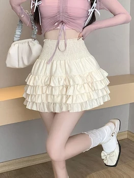 Розовая японская мини-юбка в стиле Лолиты, Женская Французская Элегантная юбка для сладкого торта с рюшами, Корейские Повседневные юбки с высокой талией, Лето 2023 г.