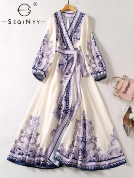 SEQINYY Элегантное Платье Миди Винтажный Фиолетовый Цветочный Принт High Street Весна Осень Новый Модный Дизайн Женский Подиумный Трапециевидный Пояс