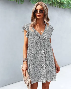Мини-платье с V-образным вырезом и оборками по всей длине, женское прямое шифоновое платье, пляжная одежда для отдыха 2023 г.
