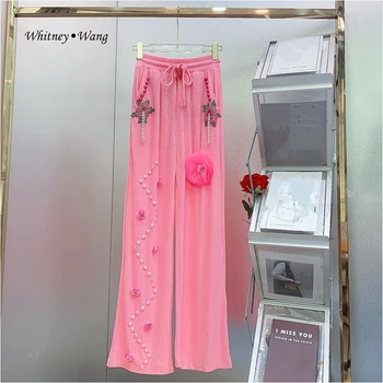 Дизайнерский стиль WHITNEY WANG 2023, Осенняя уличная одежда с 3D цветами, женские брюки Rhinstones