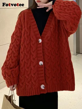 Fotvotee Вязаный кардиган, свитер, женское вязаное корейское модное утепленное пальто, свитера, осень-зима 2023, Японский стиль, винтаж