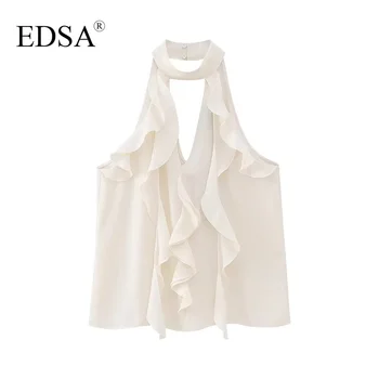 Женская модная белая блузка на бретелях с оборками, винтажный пуловер без рукавов с V-образным вырезом, уличная одежда