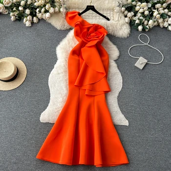 Элегантное шикарное платье с цветочными оборками, французским диагональным воротником с открытыми плечами, вечернее платье для женщин, торжественное платье с трубой