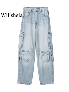 Willshela Женская мода С карманами Светло-голубые джинсовые брюки-карго на молнии спереди Джинсы Винтажные женские шикарные брюки с высокой талией