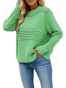 Женские свитера Wankitoi, осень 2023, Круглый вырез, длинный рукав, Сплошной вязаный крючком Полосатый Повседневный пуловер, Уличная одежда