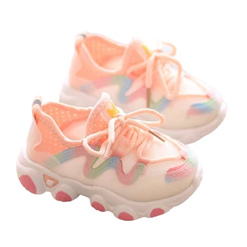 Сетчатая обувь для прогулок для маленьких девочек, легкие спортивные Повседневные Мягкие осенние кроссовки на шнуровке для малышей, дышащие