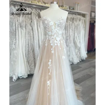 Женское свадебное платье цвета шампанского с кружевным 3D цветочным вырезом и открытыми плечами 2024 года, свадебное платье robe de soirée de mariage