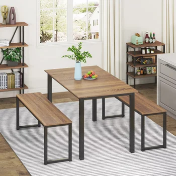 Обеденный стол Homury из 3 предметов, уголок для завтрака с двумя скамейками для столовой, кухни, промышленный кухонный стол коричневого цвета