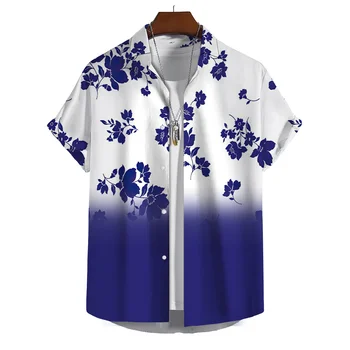 Модная мужская рубашка с градиентным цветочным принтом, уличные повседневные топы с короткими рукавами, Летняя мужская одежда, свободные гавайские рубашки оверсайз