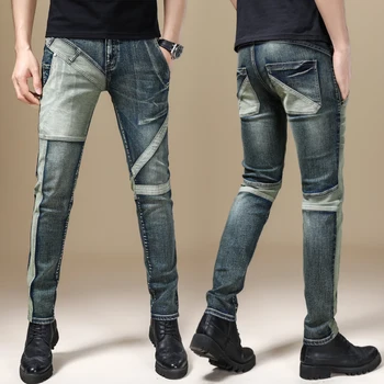 Джинсы оригинального дизайна для мужчин, узкие, в стиле пэчворк, стрейч, уличная одежда для мотоциклов, мужская одежда, Модные джинсовые брюки, модные