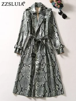 ZZSLUIA Винтажная Ветровка для женщин, тренч из искусственной кожи с леопардовым принтом, модное элегантное длинное пальто с поясом, женская одежда